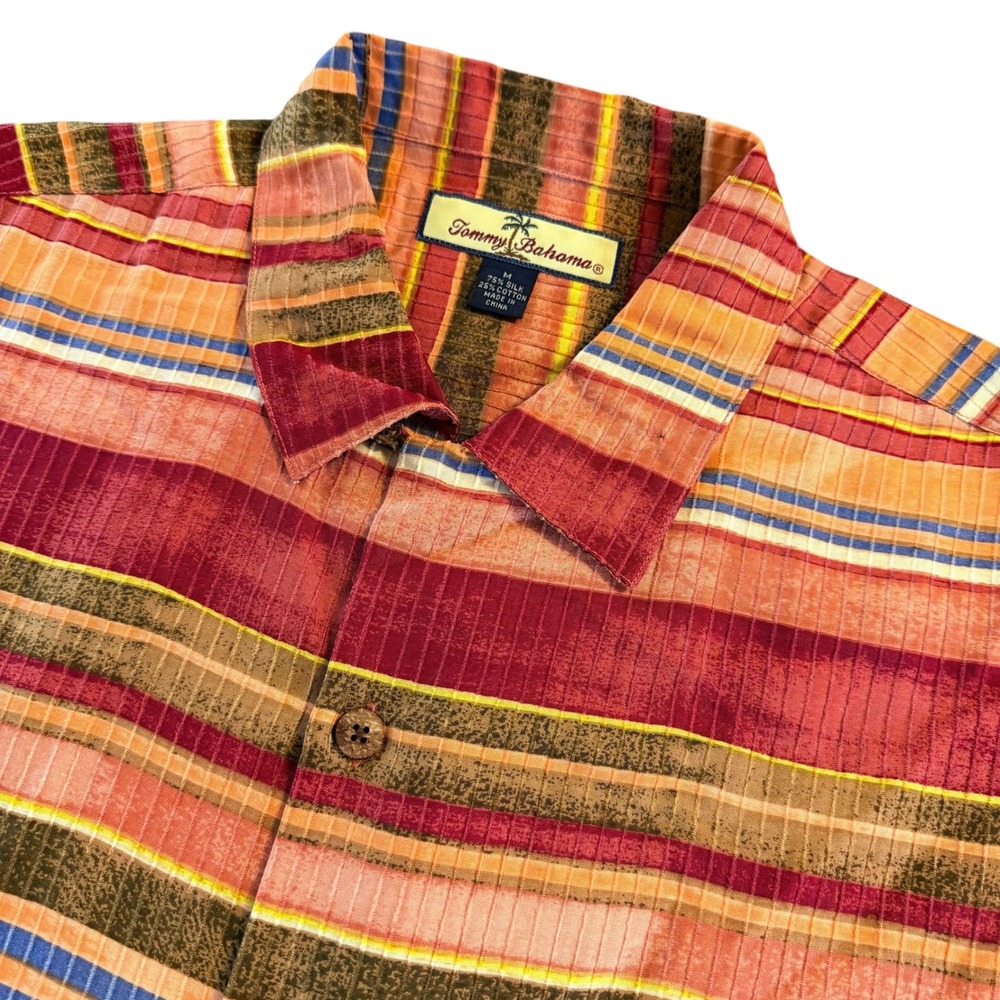 Tommy Bahama Mens Medium Silk Cotton Ribbed Striped Short Sleeve Camp Shirt